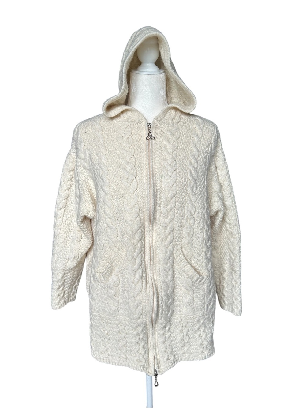 Aran Crafts Ireland Merino Wool Hooded Cable Knit Zip Cardigan XL